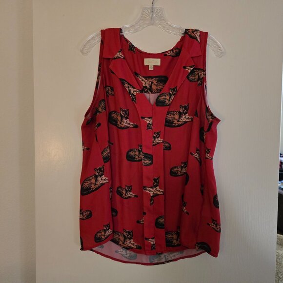 MODCLOTH - Minor Damange -  Cat Print Tank Top Collared V Neck Blouse in‎ Red 1X - Picture 2 of 11